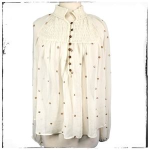 Free People High Neck Cream & Embroidered Rose Gold Dot Sheer High low Top XS